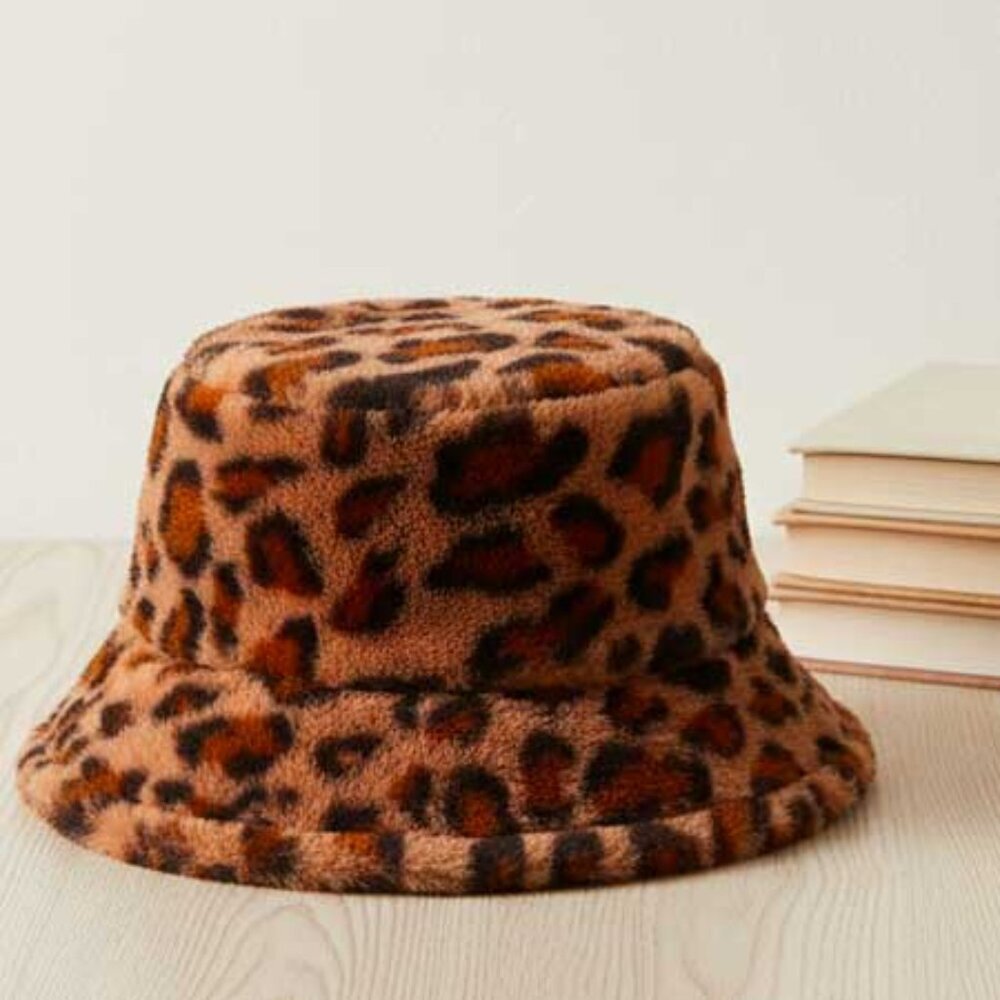 Ladies Fuzzy Leopard Print Bucket Hat - Picture 5 of 11